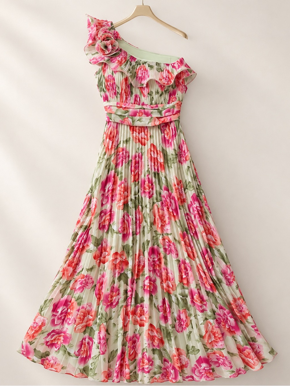 One-Shoulder Floral Pleated Wedding Dress in Pink & Green